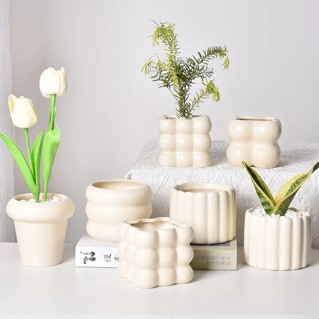 Cream Ceramic Flowerpot - Small Succulent Plant Pot for Home Decor
