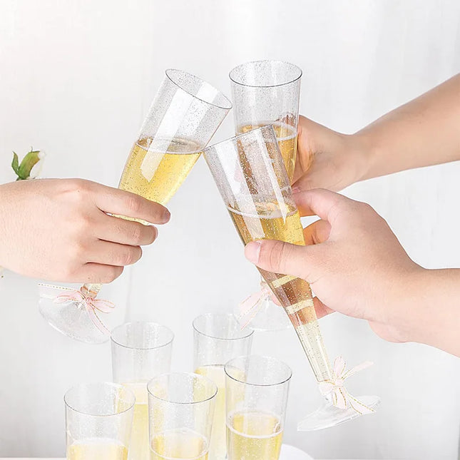 25/50Pcs Clear Champagne Flutes 5oz, Plastic Glitter Champagne Flutes