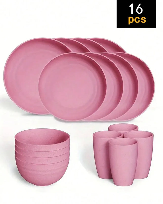 4/16/24pcs Reusable Tableware Set - Eco-Friendly Plates, Bowls, Cups