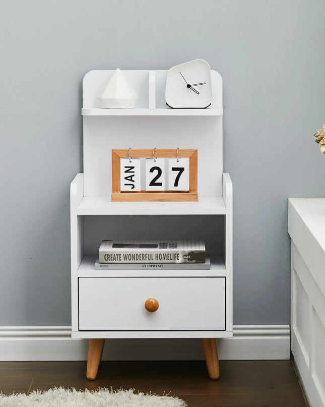Modern White Wooden Nightstand - Shelf & Drawer for Bedroom