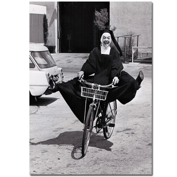 Vintage Smoking Nun Canvas Print - Funny Black and White Wall Art