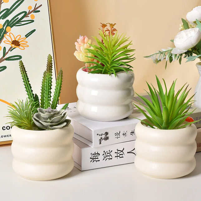 Cream Ceramic Flowerpot - Small Succulent Plant Pot for Home Decor