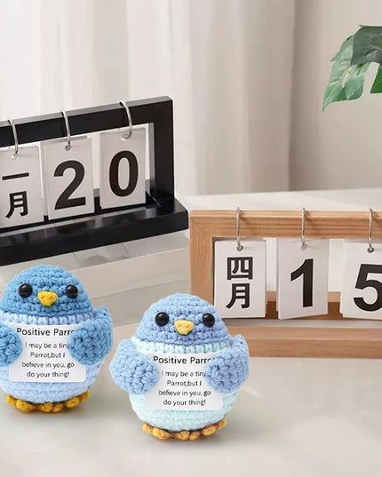 Funny Crochet Animal with Positive Card Ornament Handmade Knitted Ducks Fox Sheep Turtle Desk Figurine Creative Crochet Gift