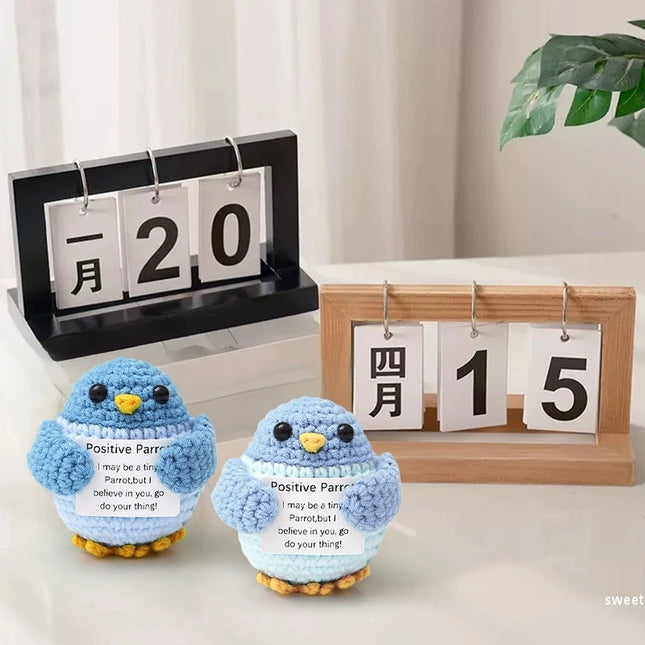 Funny Crochet Animal with Positive Card Ornament Handmade Knitted Ducks Fox Sheep Turtle Desk Figurine Creative Crochet Gift