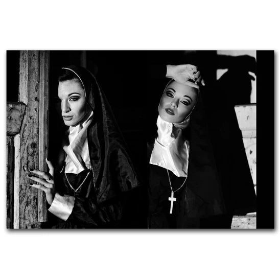 Vintage Smoking Nun Canvas Print - Funny Black and White Wall Art