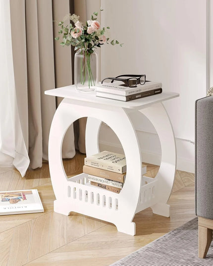 Modern White Bedside Table - Slim Nightstand with Storage Basket
