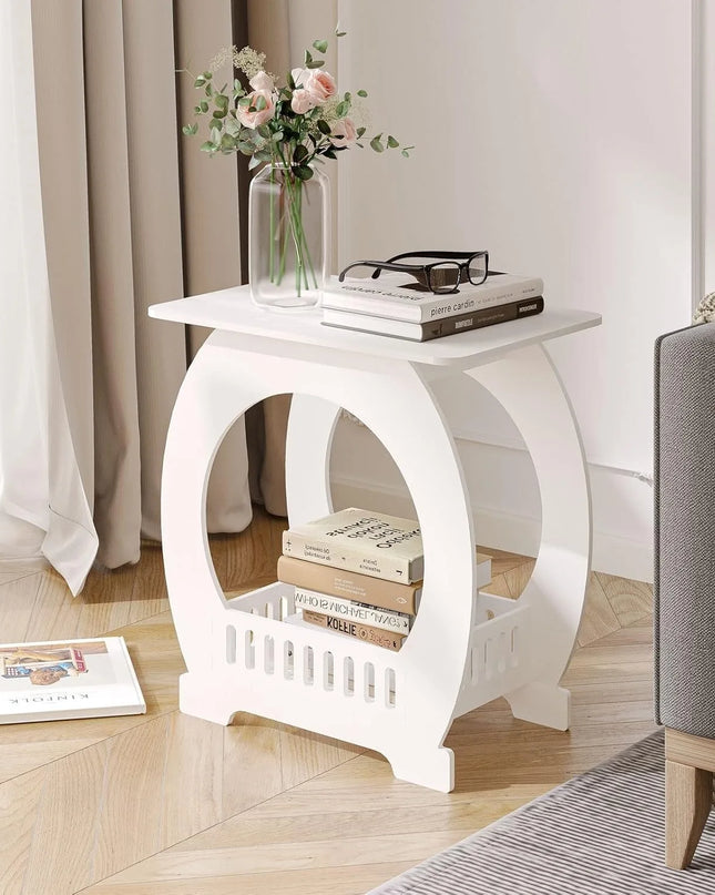 Modern White Bedside Table - Slim Nightstand with Storage Basket