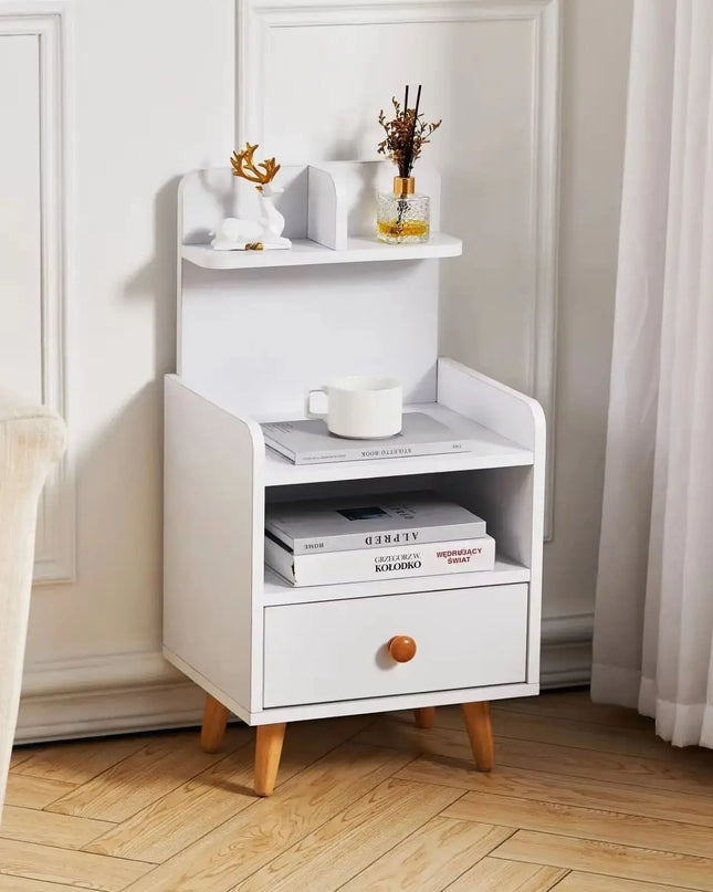 Modern White Wooden Nightstand - Shelf & Drawer for Bedroom