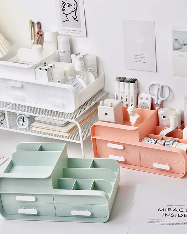 Modishion Multifunctional Cosmetic Storage Box - 9 Compartments, 3 Drawers