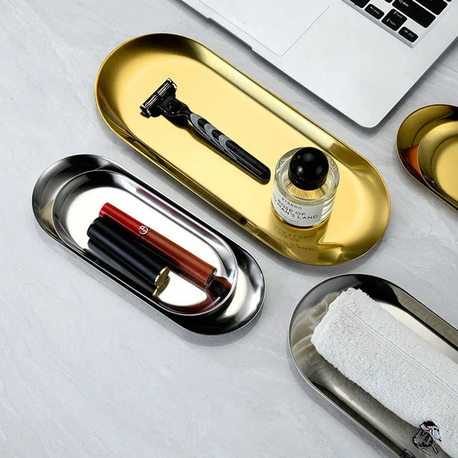 Oval Stainless Steel Gold Dining Plate - Perfect for Cakes & Snacks