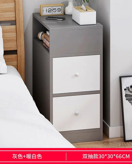Modern Slim Bedroom Bedside Table - 2 Drawer Nightstand Storage