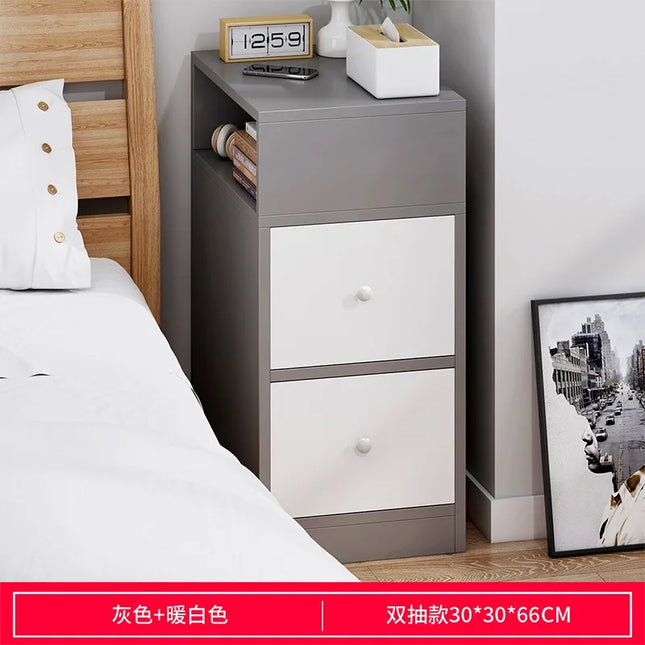 Modern Slim Bedroom Bedside Table - 2 Drawer Nightstand Storage