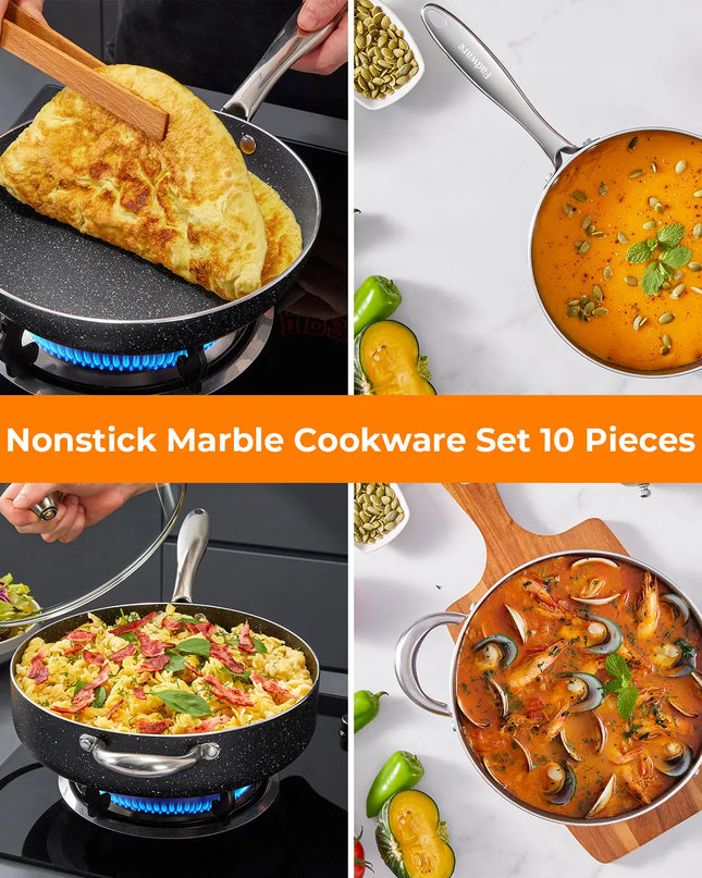 10-Piece Nonstick Pots and Pans Set - Induction Compatible Cookware
