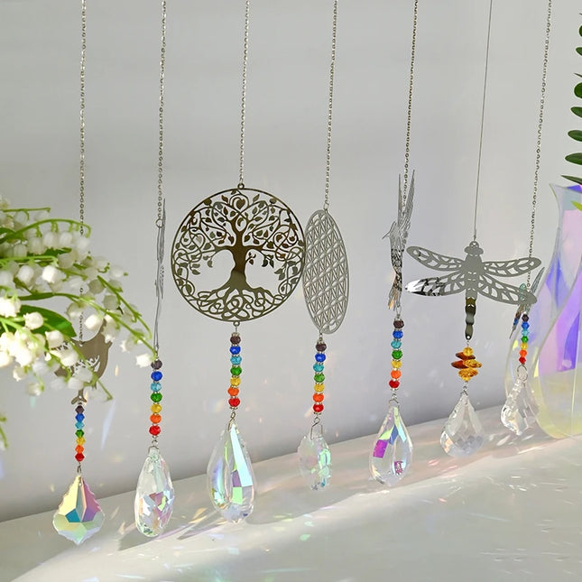 Crystal SunCatcher Prisms Hanging Rainbow Chaser Window Wind Chime Tree of Life Car Art Hanging Pendant Home Garden Decoration